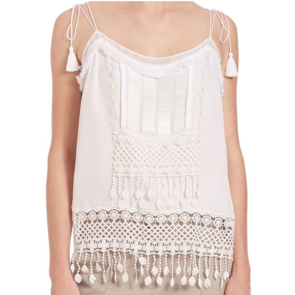 Elie Tahari 100% Silk Thelma Beaded Tassel Fringe Tank Top XS White